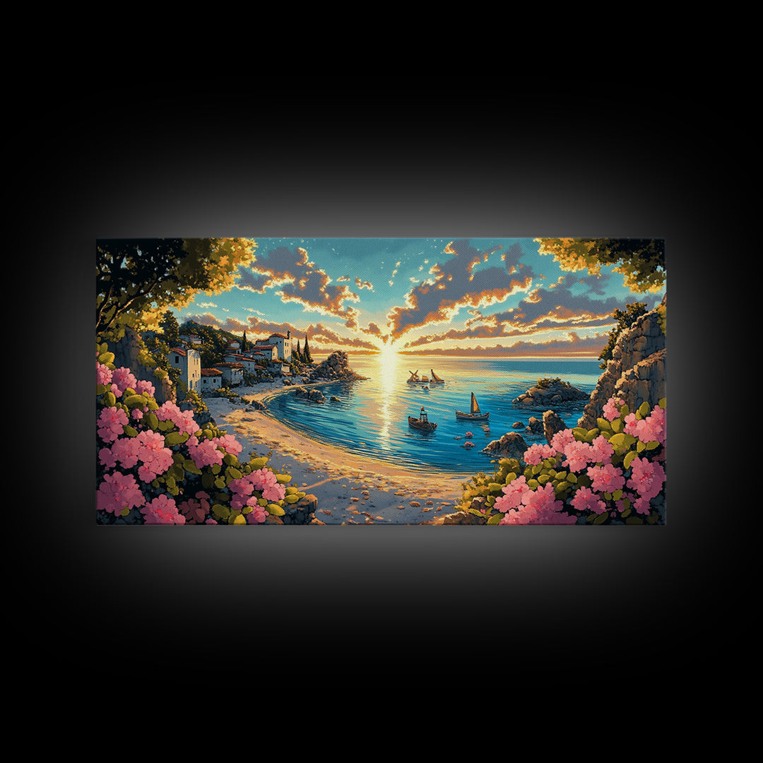 Italian Coastal Village Sunrise Wall Art, Mediterranean Cove Canvas, Beach House Decor, Panoramic Seascape Living Room Print