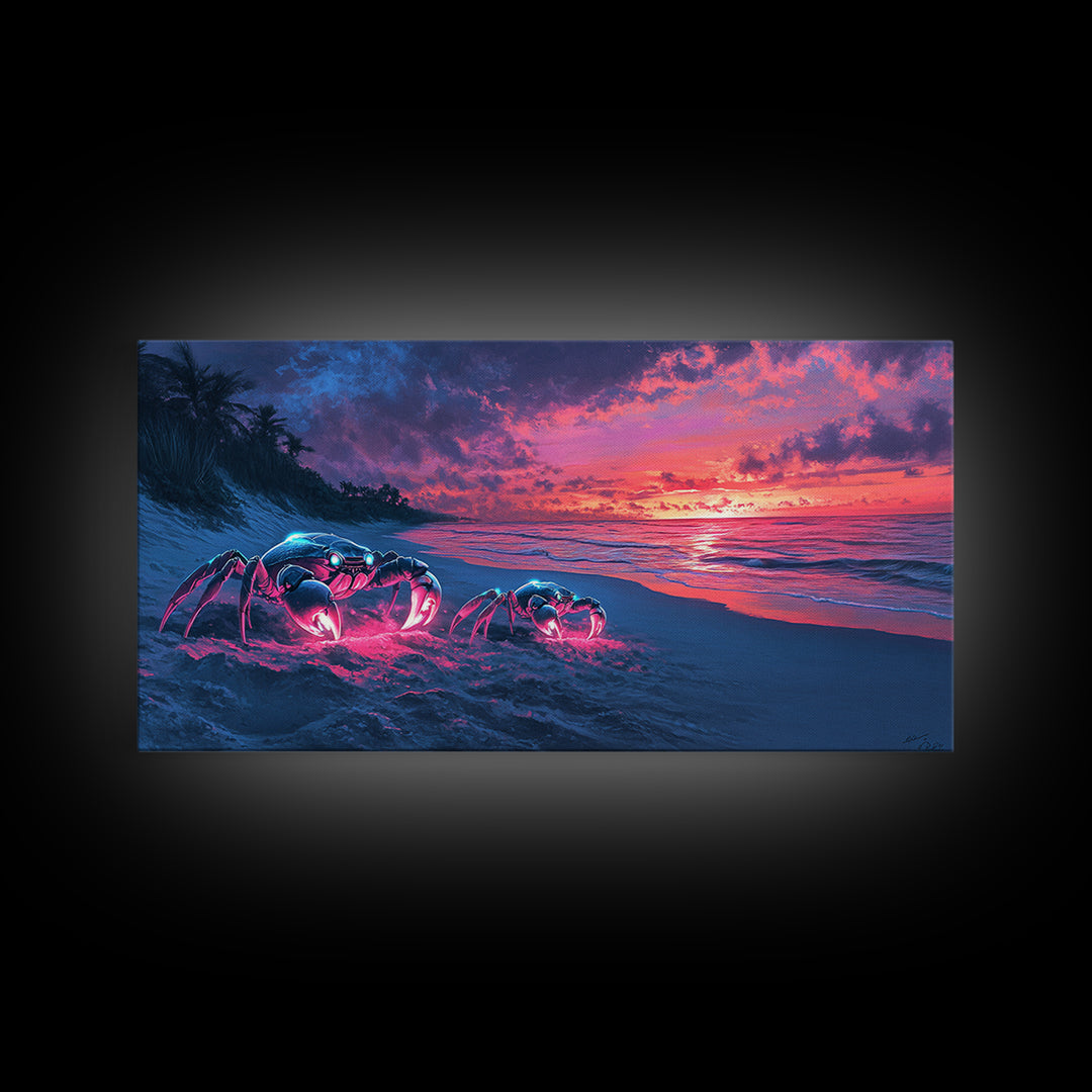 Glowing Neon Crabs On Twilight Beach Canvas Print, Cyberpunk Ocean Wall Art, Tropical Coastal Decor, Sci Fi Seascape Gift