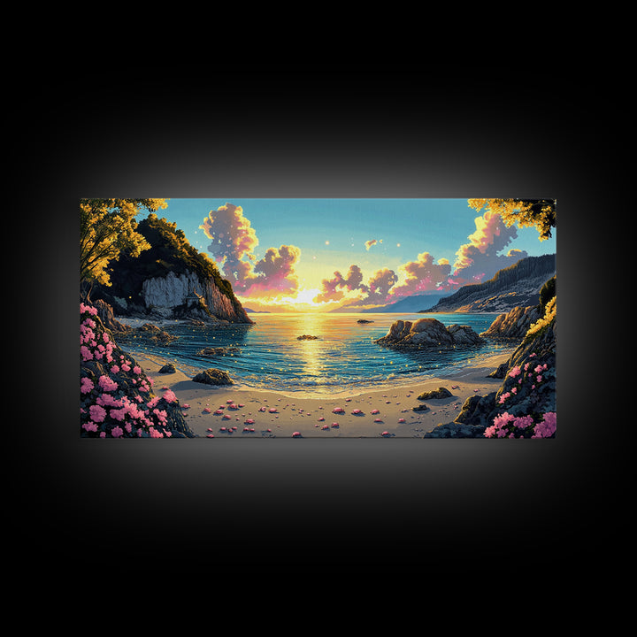 Mountain Cove Sunset With Pink Flowers Wall Art, Coastal Lake Canvas Print, Nature Landscape Decor, Serene Beach House Gift