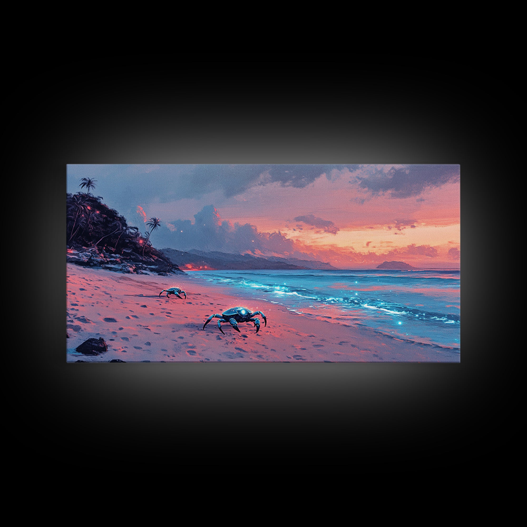 Bioluminescent Crab Beach At Pink Sunset Canvas Print, Coastal Wall Art, Ocean Decor, Beach House Gift, Fantasy Seascape