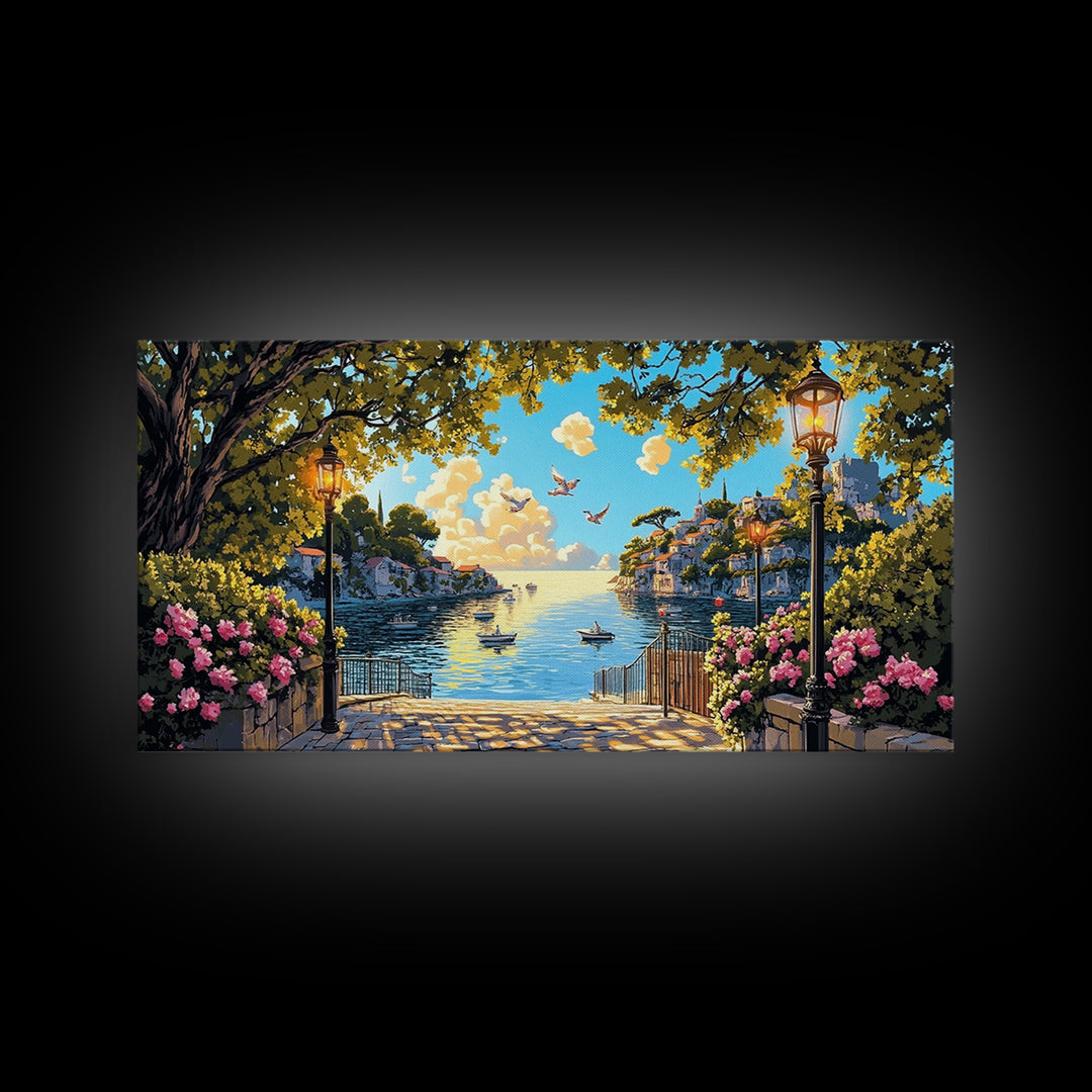 Sunny Mediterranean Harbor With Flowers And Lamps Wall Art, Coastal Canvas Print, Italian Decor, Living Room Wall Decor Gift