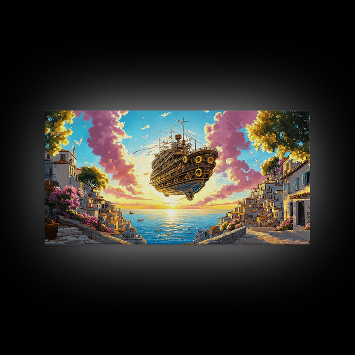 Floating Steampunk Ship Above White Coastal Village Canvas Print, Fantasy Wall Art, Mediterranean Decor, Travel Poster Gift