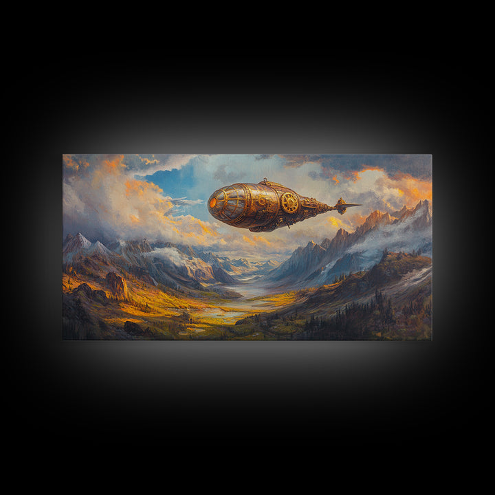 Golden Steampunk Airship Over Snowy Mountain Valley Canvas Print, Fantasy Wall Art, Moody Landscape Art, Office Decor Gift