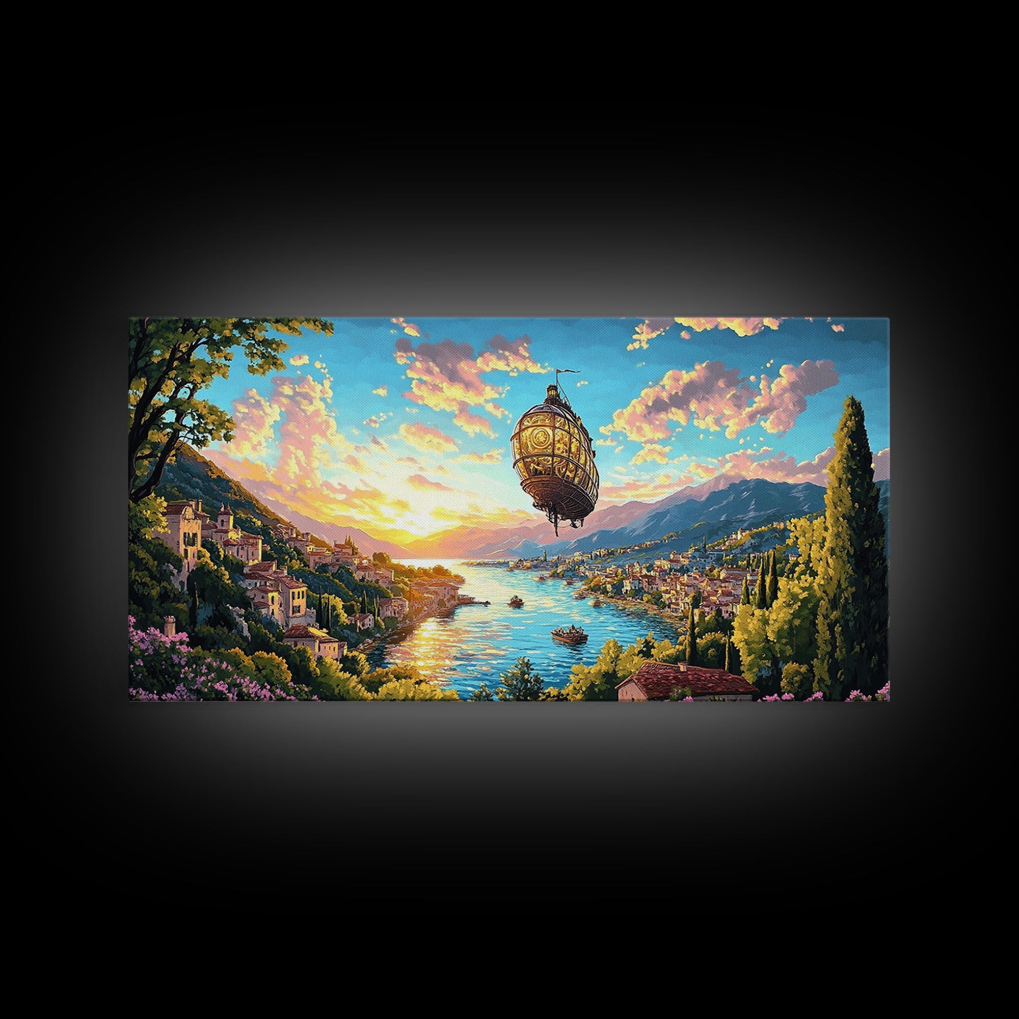Ornate Airship Over Lake Como Sunset Framed Canvas Print, Italian Wall Art, Mediterranean Decor, Romantic Travel Poster Gift