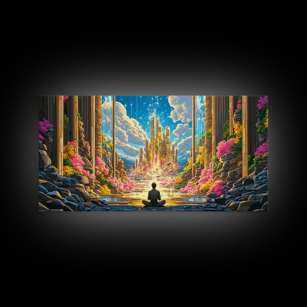Meditating Figure Before Golden Celestial City Canvas Print, Fantasy Wall Art, Spiritual Decor, Meditation Room Art Gift