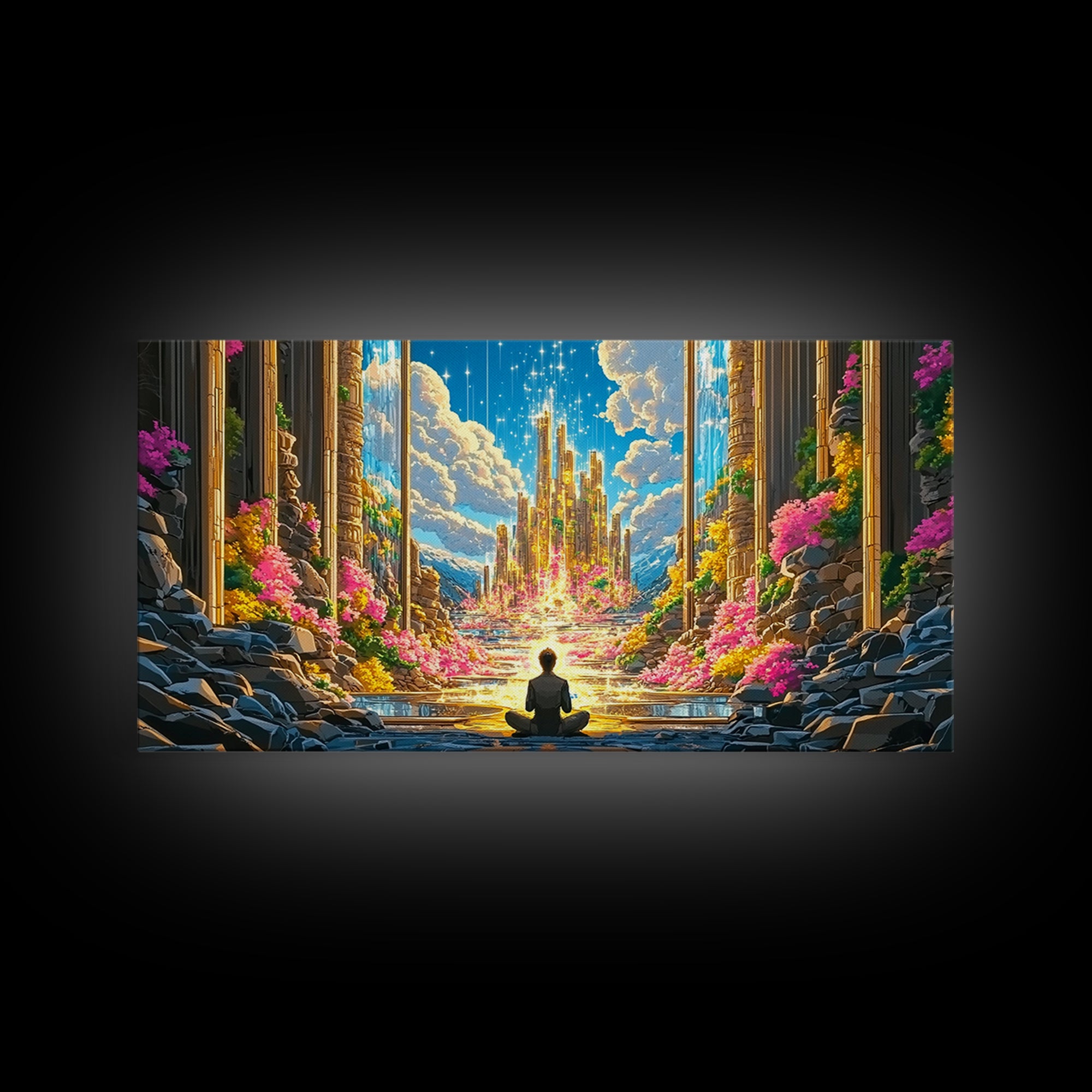 Meditating Figure Before Golden Celestial City Canvas Print, Fantasy Wall Art, Spiritual Decor, Meditation Room Art Gift