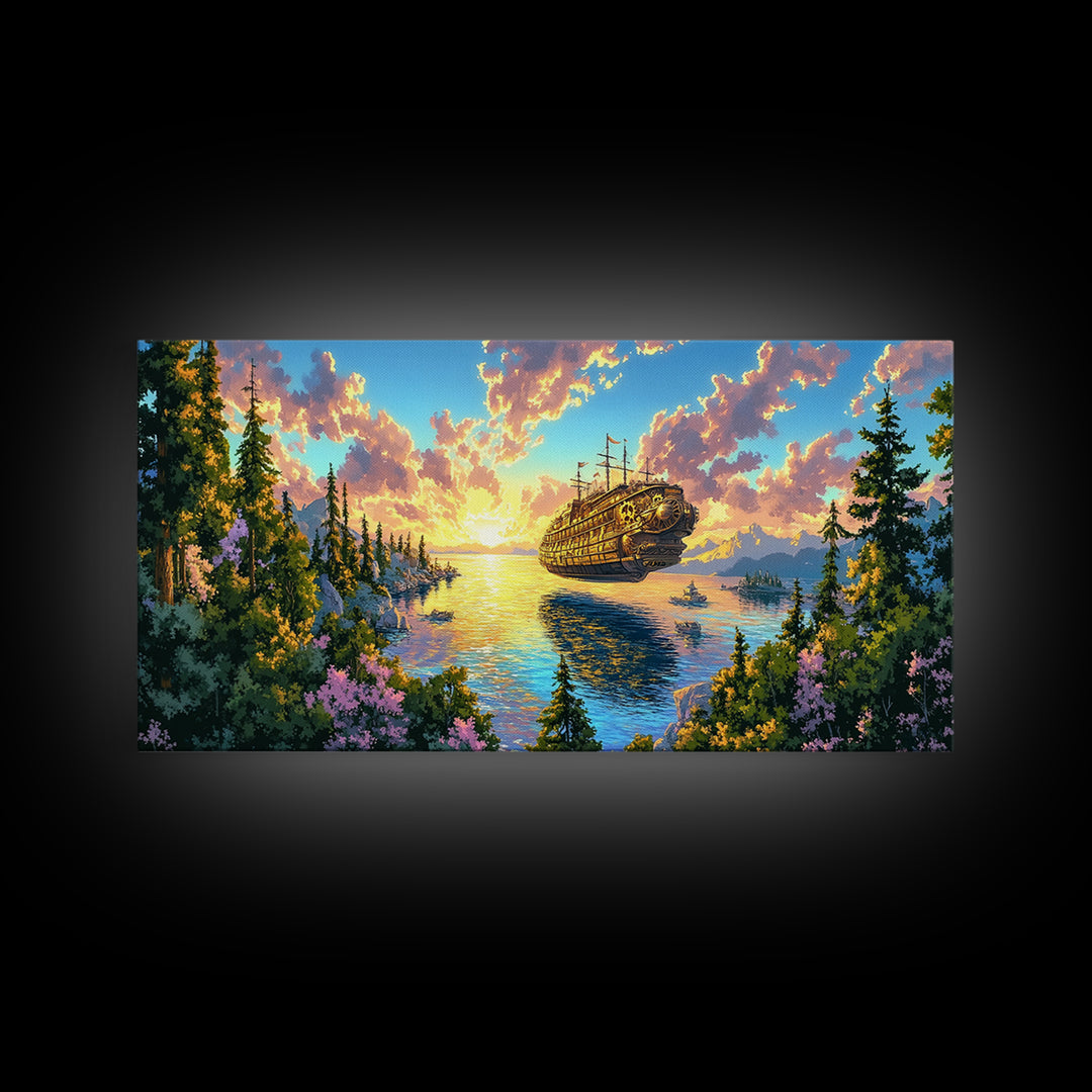 Steampunk Airship Over Sunset Forest Lake Framed Canvas Print, Fantasy Wall Art, Nature Decor, Cabin Living Room Art Gift