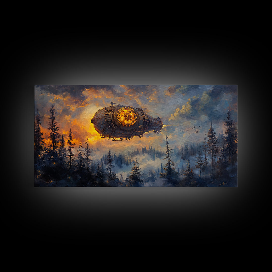 Moody Steampunk Airship Above Misty Pine Forest Canvas Print, Dark Fantasy Wall Art, Industrial Decor, Masculine Office Art