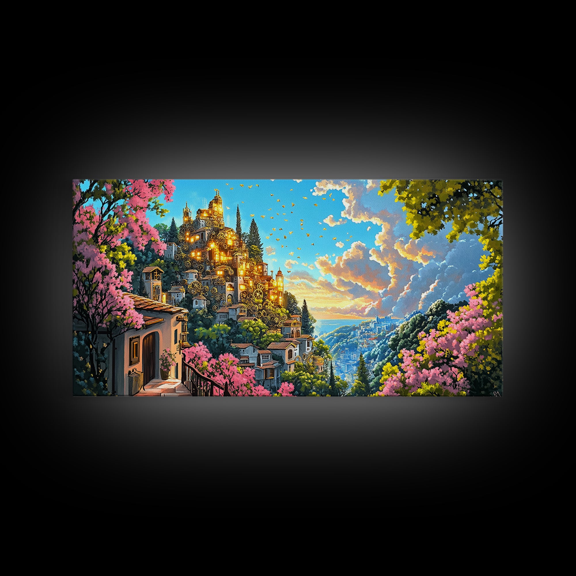 Golden Hilltop Castle With Pink Blossoms And Blue Valley Wall Art, Fantasy Canvas Print, Mediterranean Decor, Maximalist Art Gift