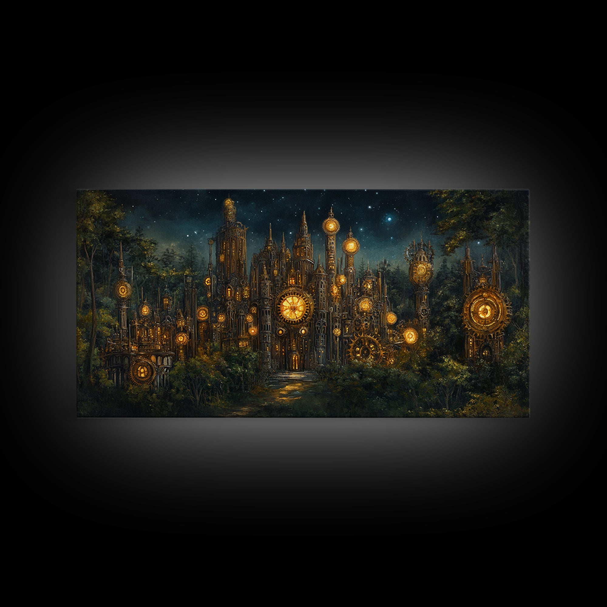 Clockwork Cathedral In Starry Forest Wall Art, Steampunk Fantasy City Canvas, Gothic Celestial Decor, Moody Office Print