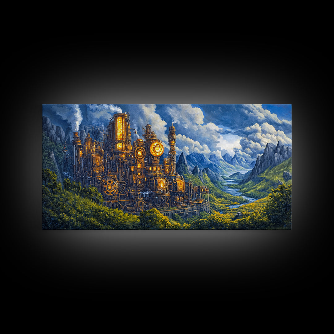 Steampunk Mountain Fortress Canvas Print, Industrial Fantasy Landscape Art, River Valley Wall Decor, Adventure Home Decor