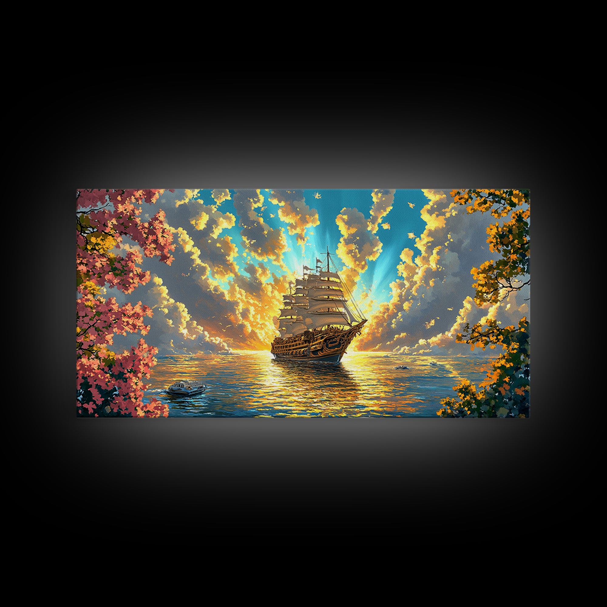 Golden Sailing Ship Canvas Print, Sunset Ocean Seascape Wall Art, Nautical Coastal Decor, Romantic Beach House Living Room Art