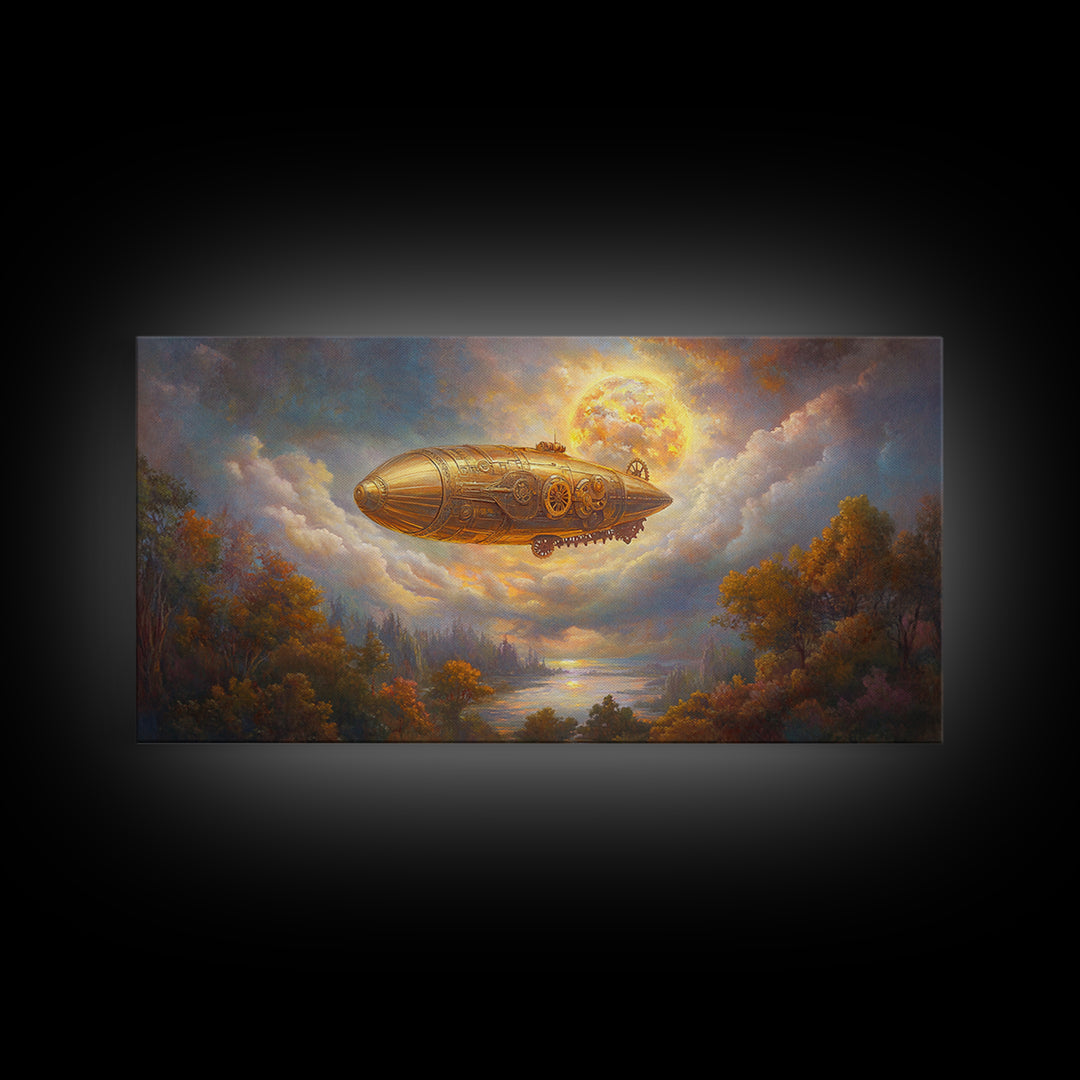 Golden Steampunk Airship Framed Canvas Print, Autumn River Landscape Wall Art, Celestial Moon Decor, Fantasy Office Art Print