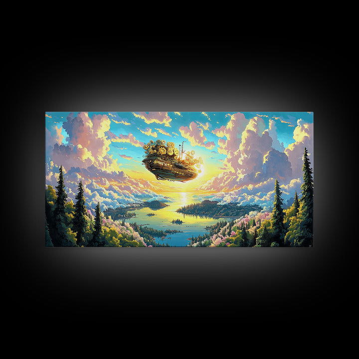 Floating Clockwork Island Canvas Print, Dreamy Lake Sunrise Wall Art, Pastel Cloud Fantasy Decor, Whimsical Home Decor Art