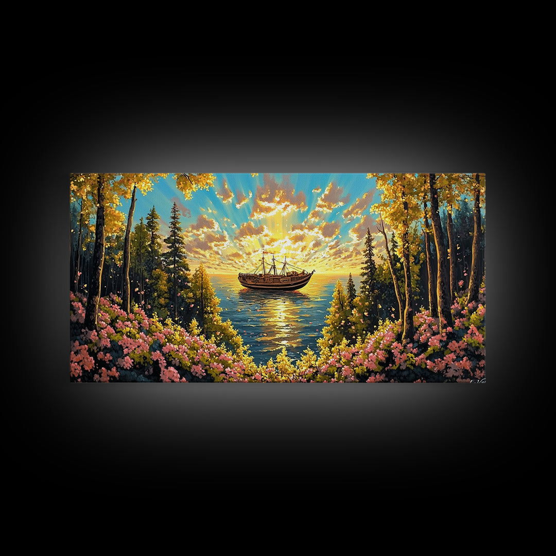 Sunset Boat On Forest Lake Wall Art, Wildflower Coastal Landscape Canvas Print, Rustic Nature Home Decor, Cozy Cabin Art