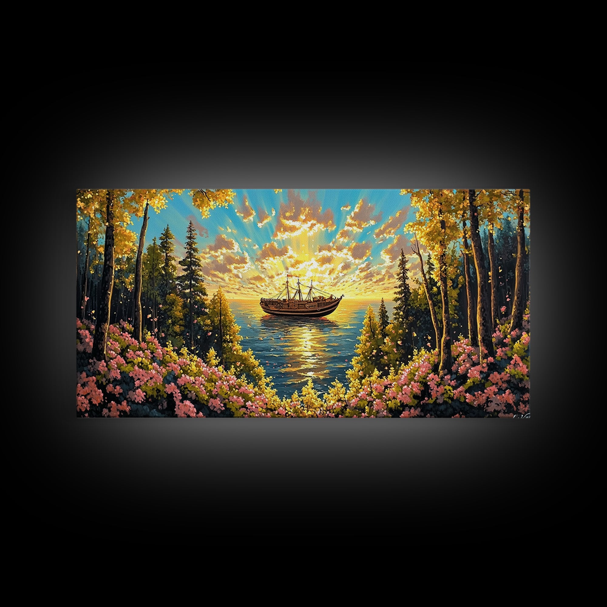 Sunset Boat On Forest Lake Wall Art, Wildflower Coastal Landscape Canvas Print, Rustic Nature Home Decor, Cozy Cabin Art