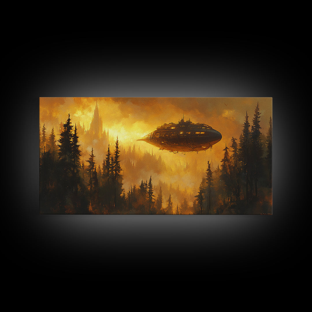 Golden Airship Over Pine Forest Wall Art, Dark Fantasy Castle Canvas Print, Moody Steampunk Landscape, Gothic Home Decor