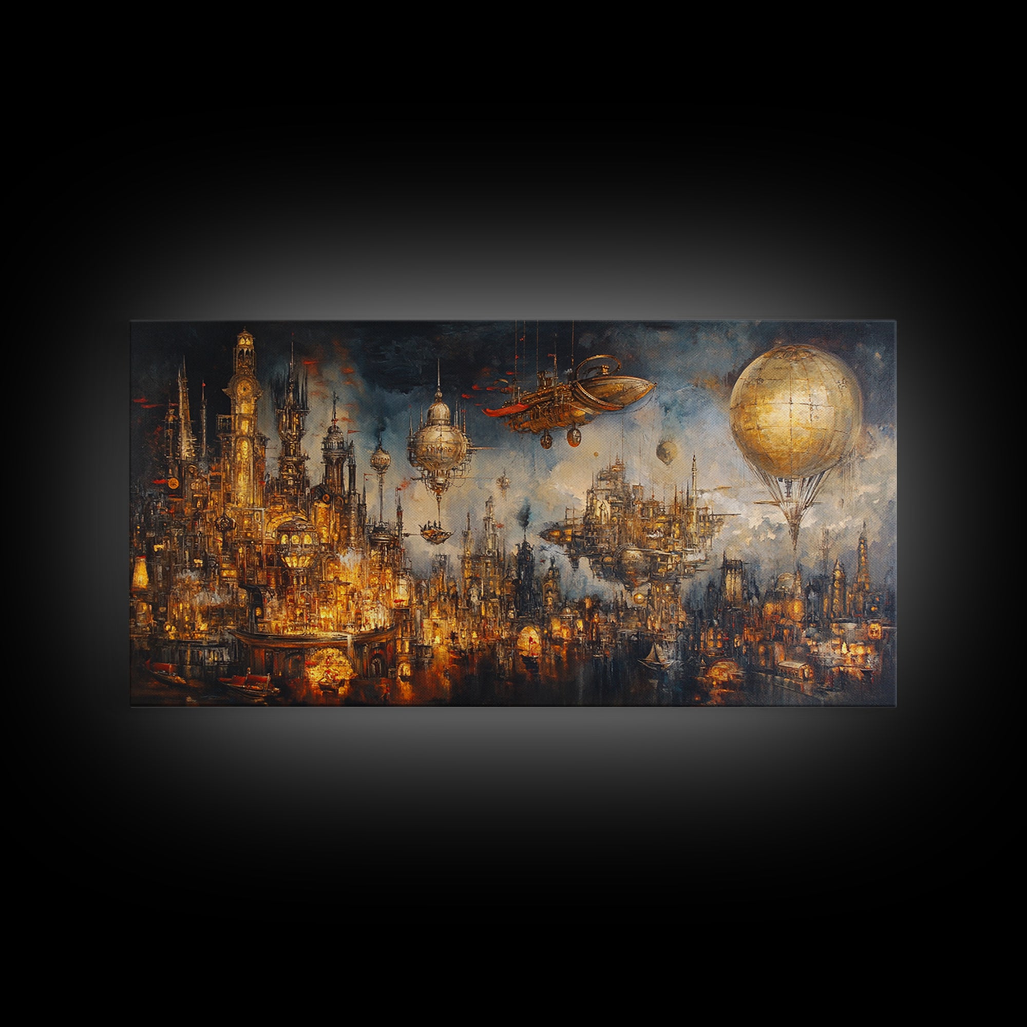 Steampunk Fantasy City With Airships Framed Canvas Print, Futuristic Wall Art, Dark Sci Fi Decor, Large Gothic Skyline Art