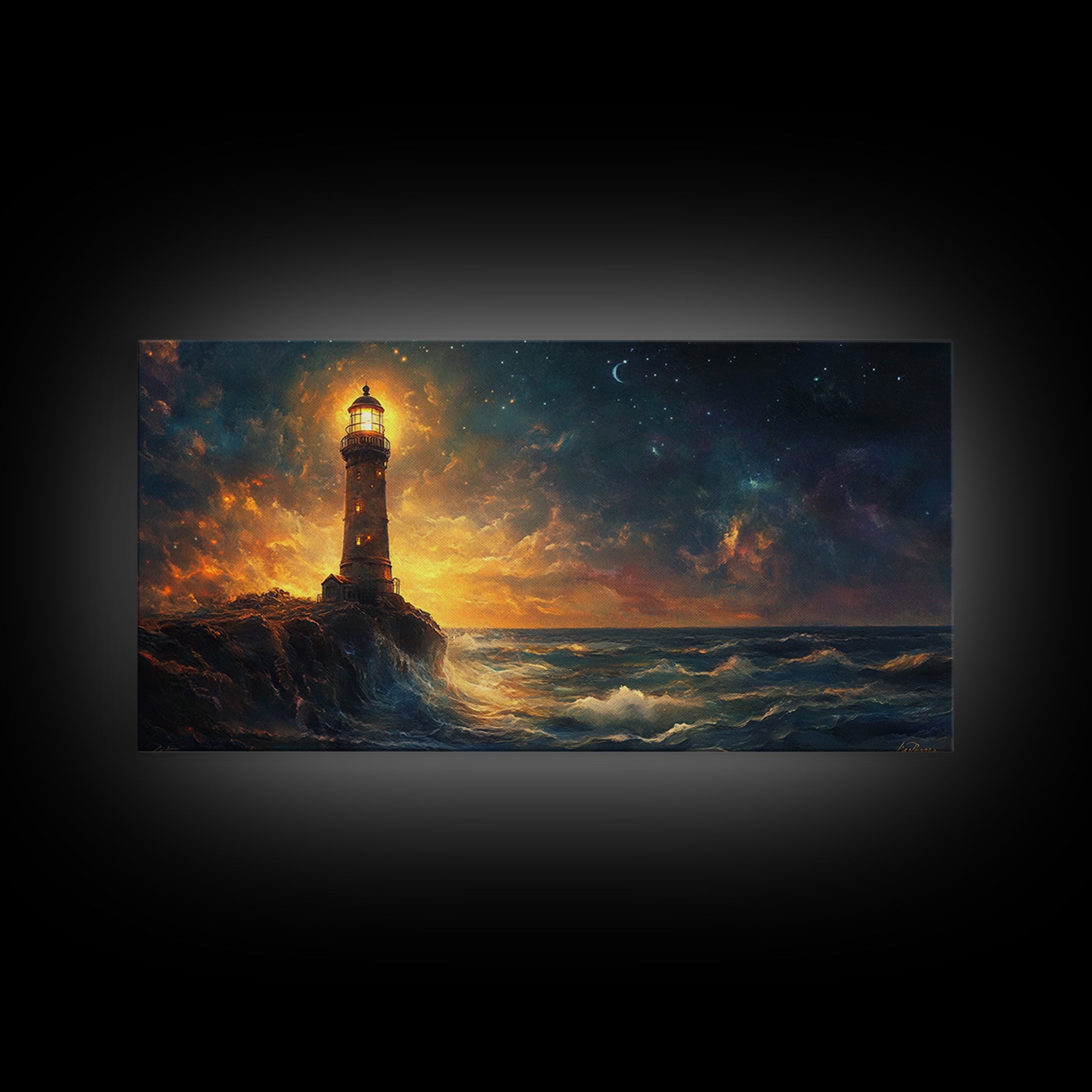 Stormy Lighthouse At Night Framed Canvas Print, Moody Seascape Wall Art, Coastal Decor, Ocean Painting, Gift For Him, Office Decor