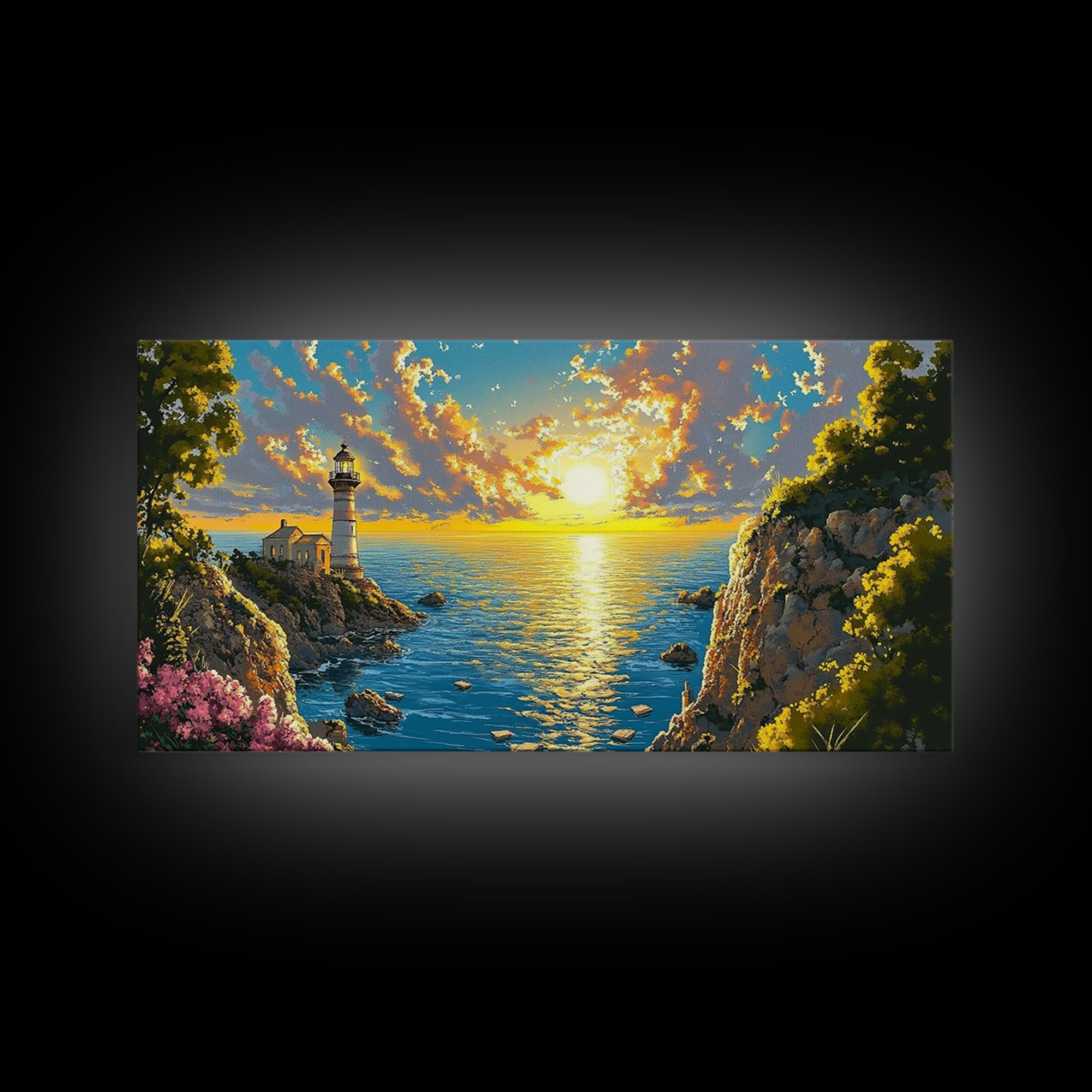 Golden Coastal Cove Lighthouse Canvas Print, Beach Wall Art, Ocean Sunset Painting, Nautical Decor, Living Room Wall Art