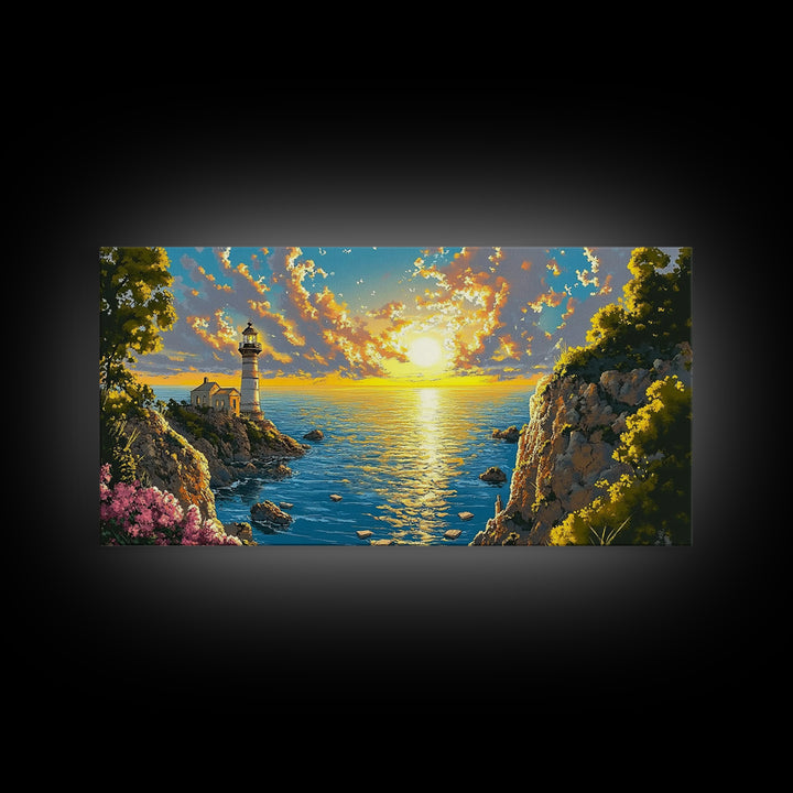 Golden Coastal Cove Lighthouse Canvas Print, Beach Wall Art, Ocean Sunset Painting, Nautical Decor, Living Room Wall Art
