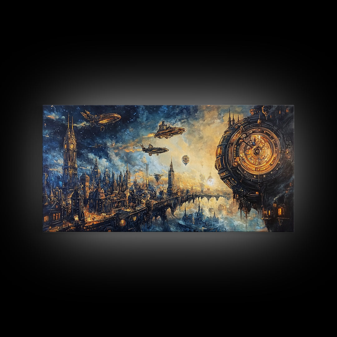 Sci Fi Clockwork City With Airships Framed Canvas Print, Futuristic Wall Art, Space Decor, Cyberpunk Cityscape Art, Large Wall Art