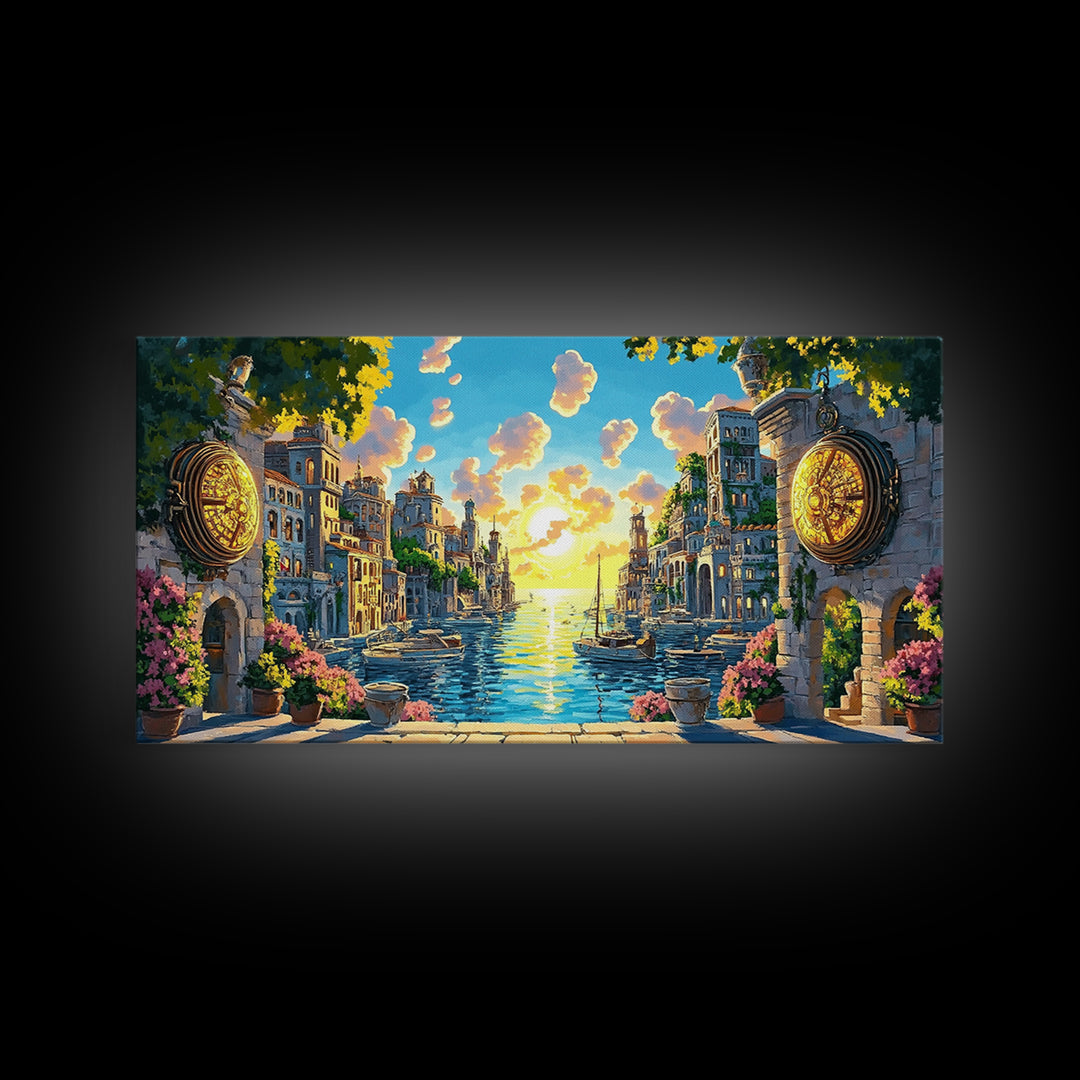Glowing Canal City With Golden Portals Framed Canvas Print, Mediterranean Wall Art, Coastal Decor, Fantasy Landscape Art