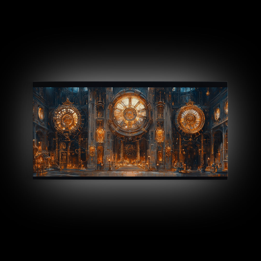 Ornate Steampunk Clock Hall Framed Canvas Print, Gothic Wall Art, Industrial Decor, Large Clockwork Interior Art, Office Decor