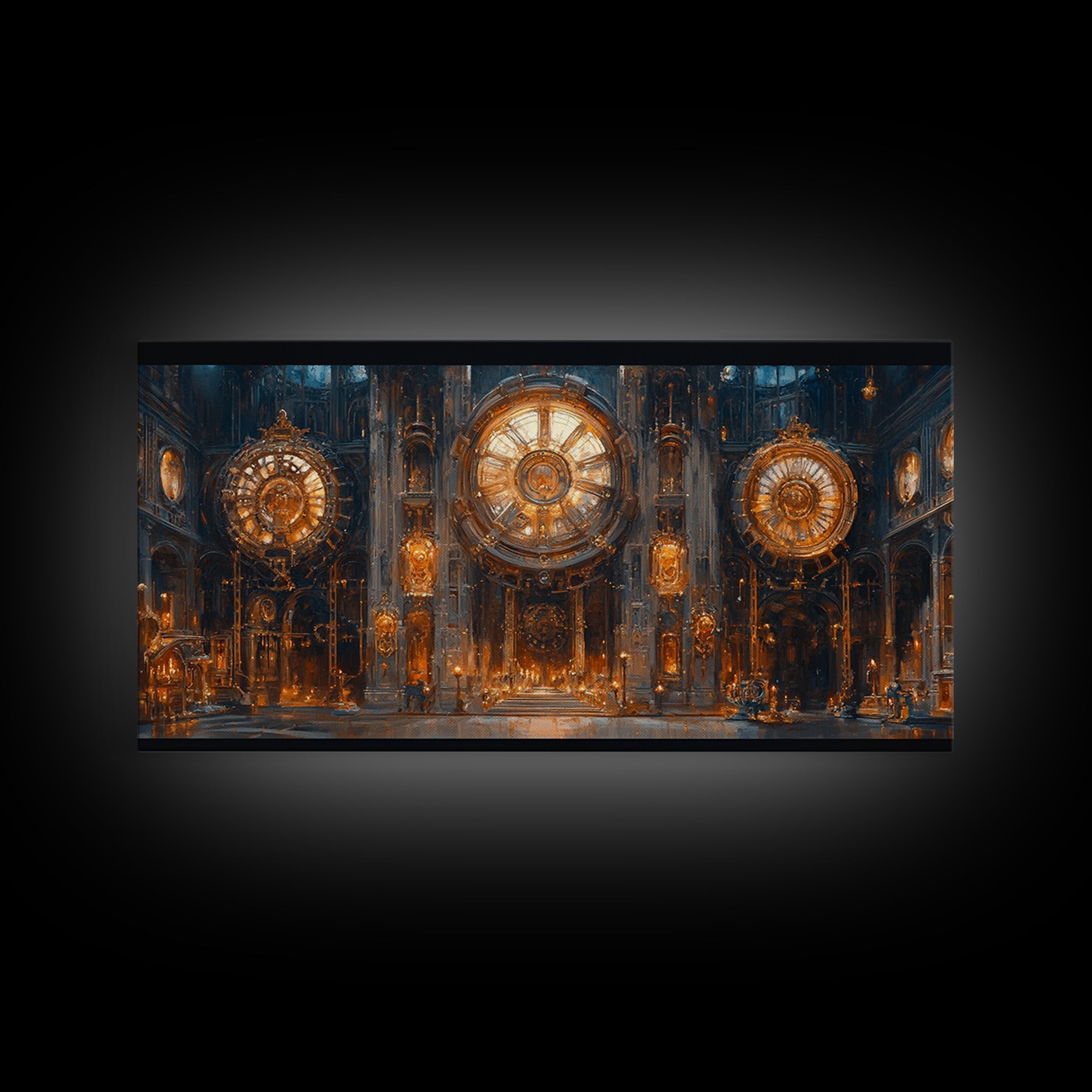Ornate Steampunk Clock Hall Framed Canvas Print, Gothic Wall Art, Industrial Decor, Large Clockwork Interior Art, Office Decor