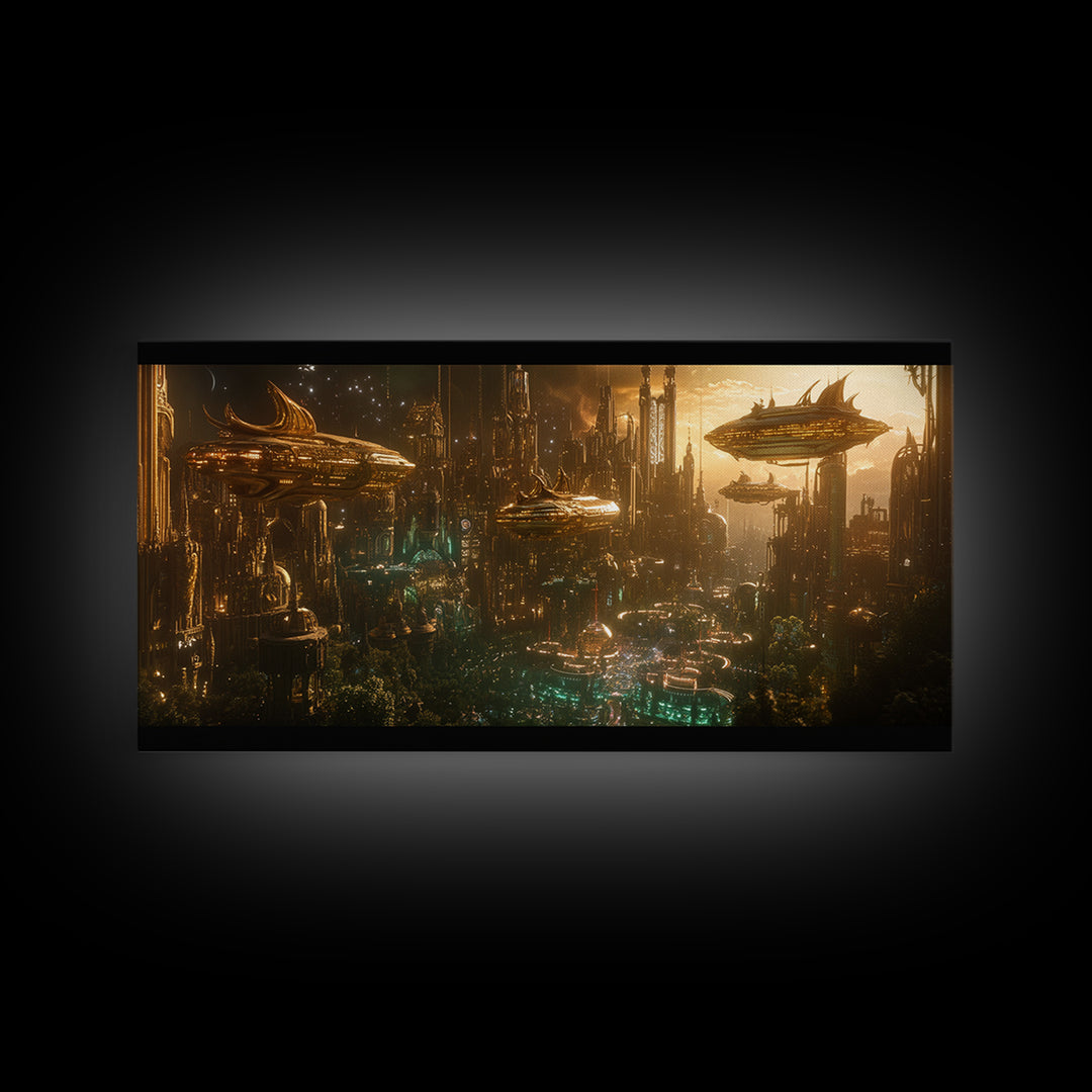 Golden Futuristic City With Airships Canvas Print, Cyberpunk Wall Art, Sci Fi Decor, Dark Fantasy Skyline, Large Wall Art