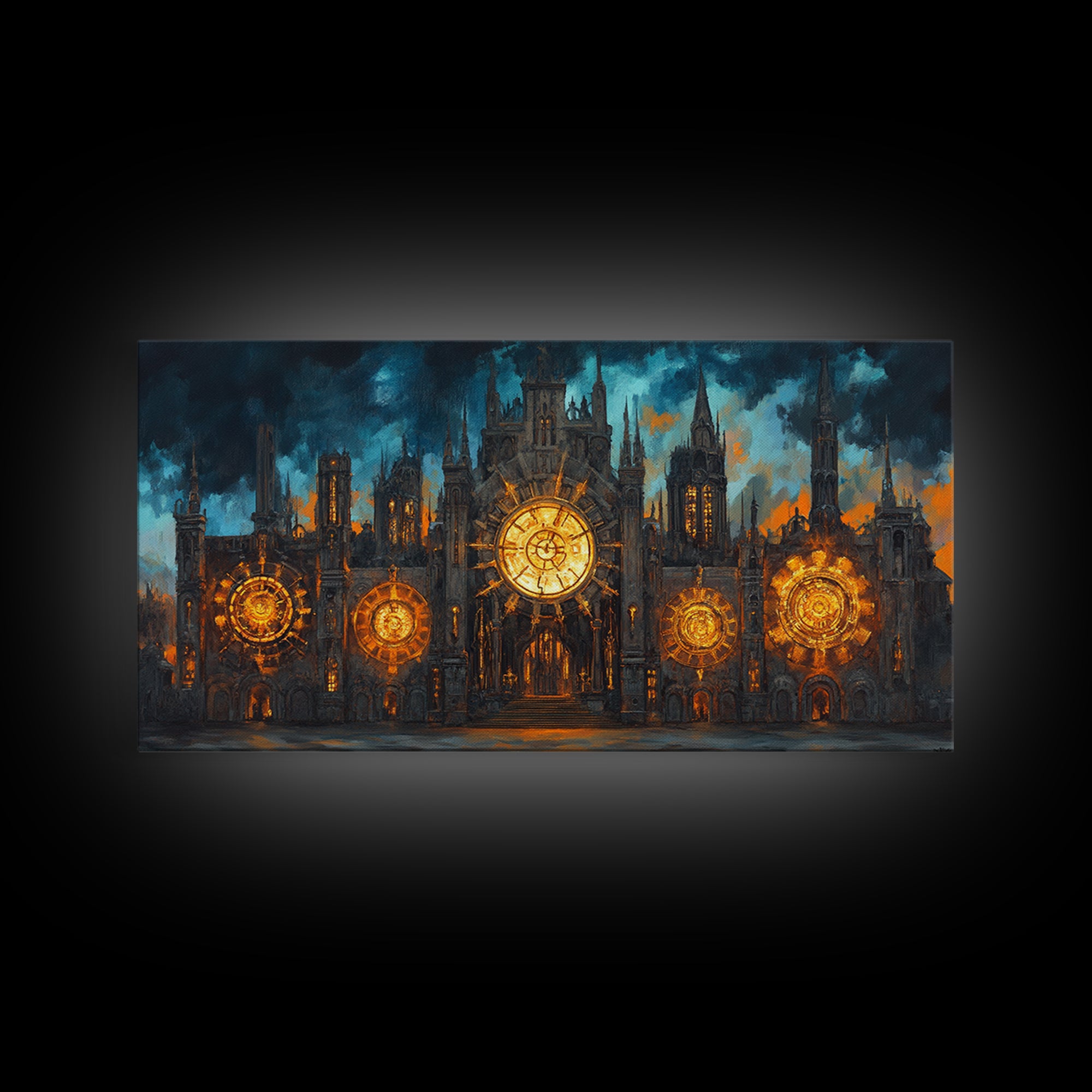 Gothic Clockwork Cathedral With Glowing Clocks Framed Canvas Print, Dark Academia Wall Art, Steampunk Decor, Large Wall Art