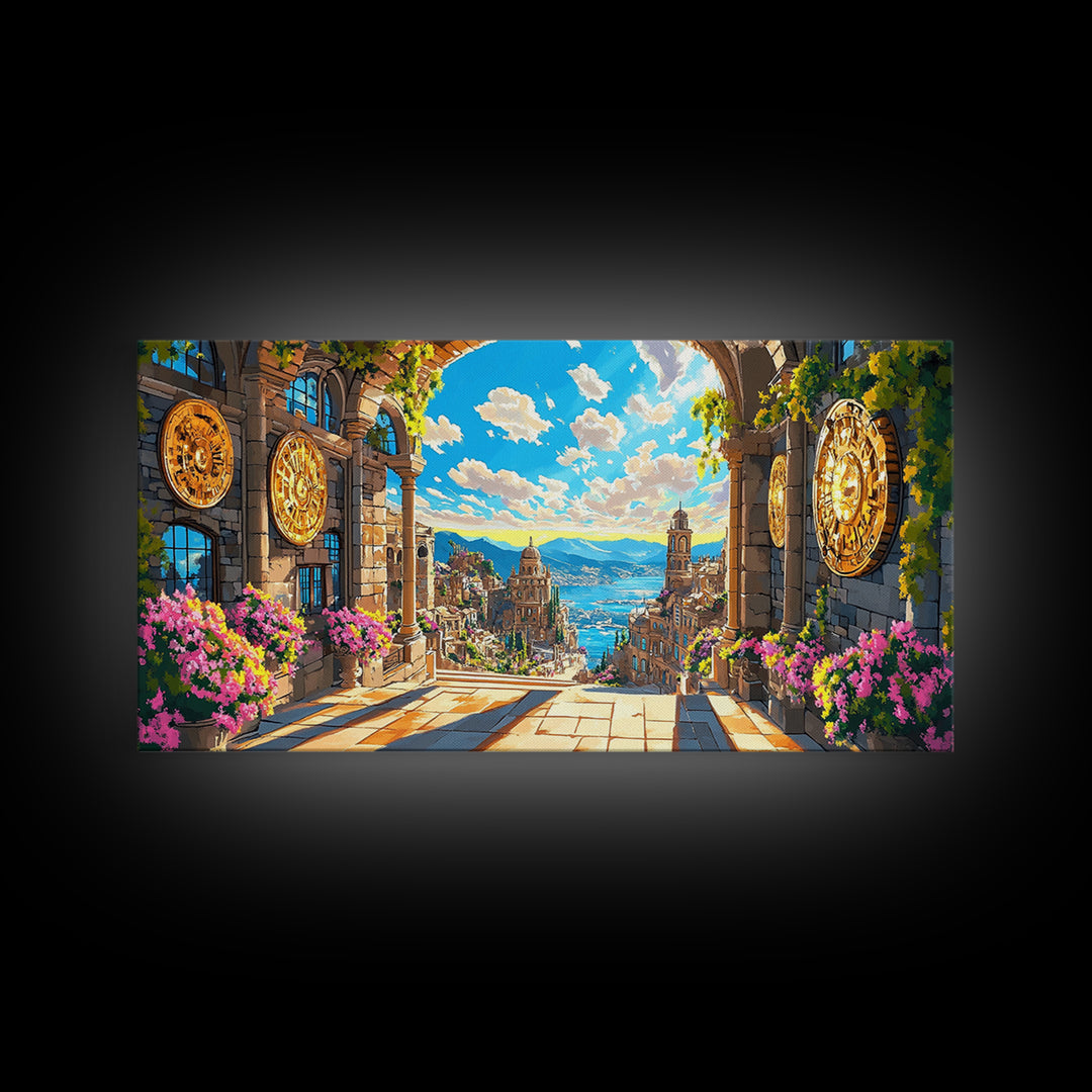 Sunlit Mediterranean Archway And Floral Coastal City Wall Art, Fantasy Italy Seascape Print, Large Travel Decor Home Decor Canvas Print