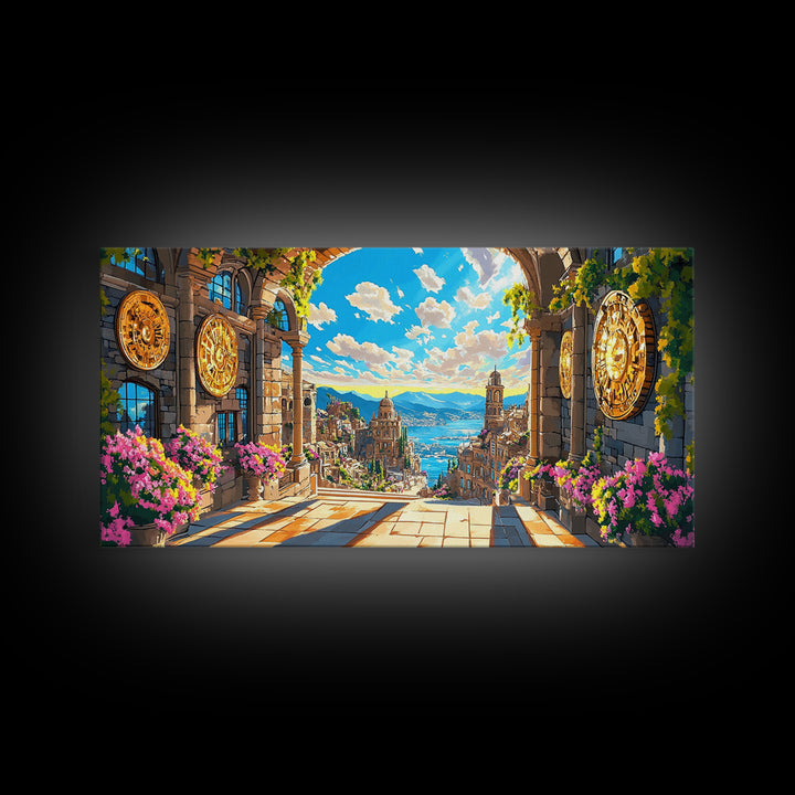 Sunlit Mediterranean Archway And Floral Coastal City Wall Art, Fantasy Italy Seascape Print, Large Travel Decor Home Decor Canvas Print