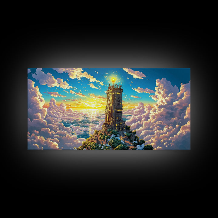Golden Tower Above The Clouds Canvas Print, Fantasy Sky Castle Wall Art, Celestial Sunset Landscape For Living Room Decor