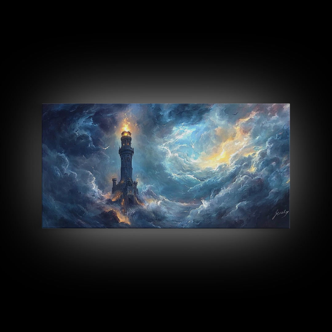 Stormy Lighthouse In Rolling Clouds Framed Canvas Print, Moody Seascape Wall Art, Dark Fantasy Ocean Decor For Living Room