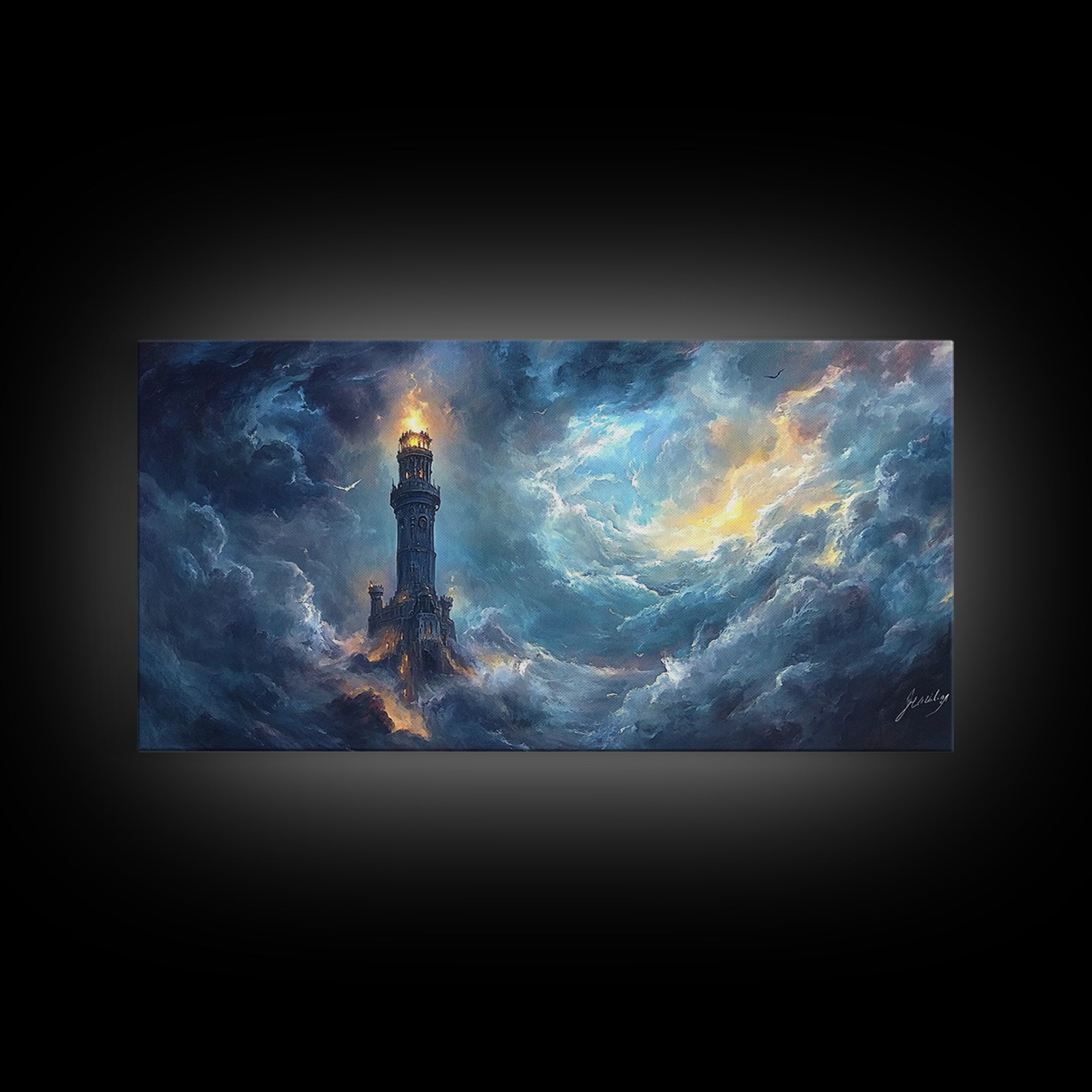 Stormy Lighthouse In Rolling Clouds Framed Canvas Print, Moody Seascape Wall Art, Dark Fantasy Ocean Decor For Living Room
