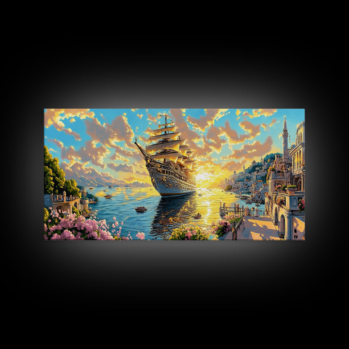 Golden Sailing Ship At Sunset Framed Canvas Print, Amalfi Coast Wall Art, Mediterranean Seascape Large Coastal Travel Home Decor