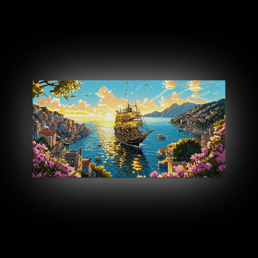 Ornate Ship In Sunlit Harbor Canvas Print, Mediterranean Coastal Wall Art, Floral Seascape Travel Home Decor For Living Room