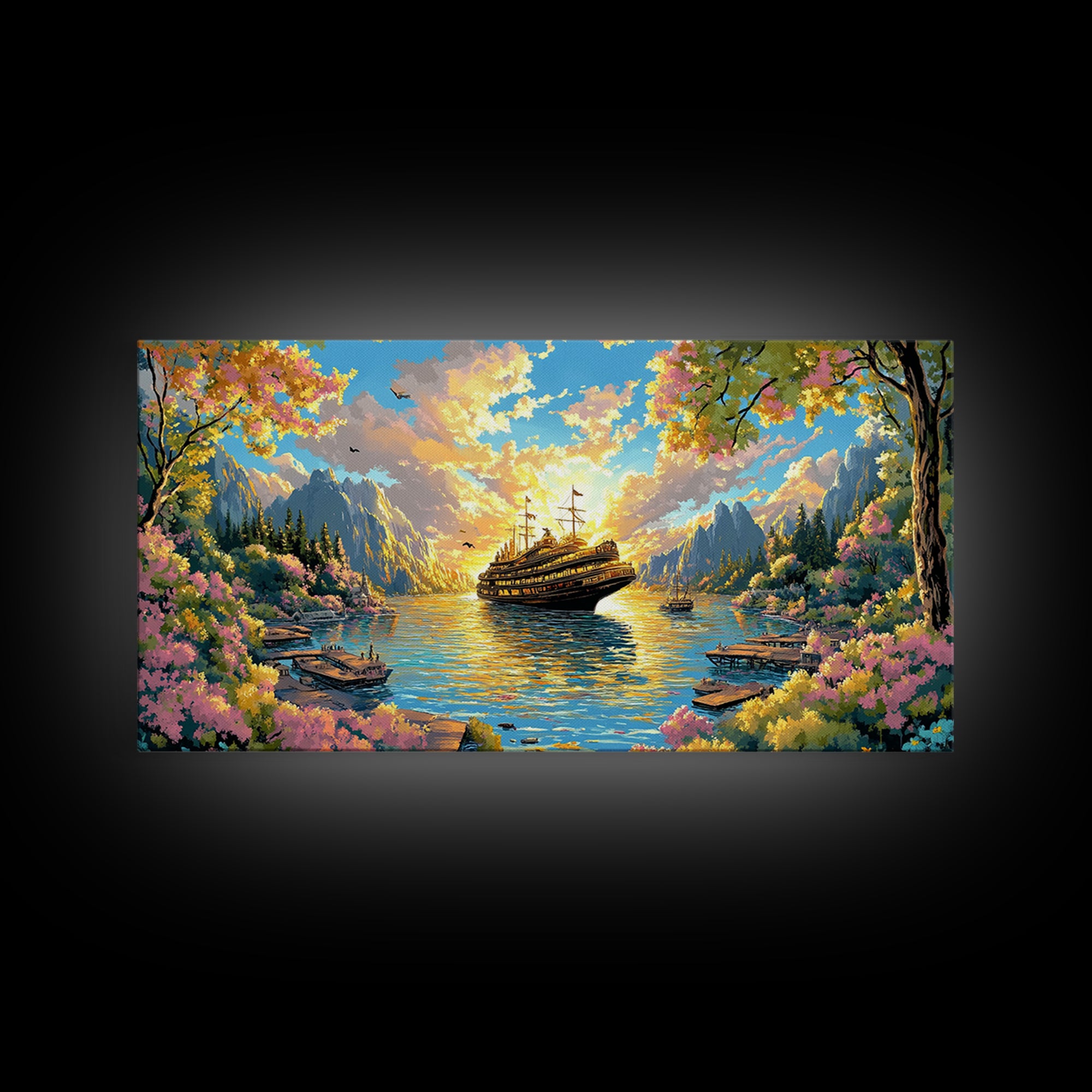 Mountain Lake With Blooming Flowers Wall Art, Fantasy Sailing Ship Canvas Print, Colorful Nature Landscape Large Home Decor