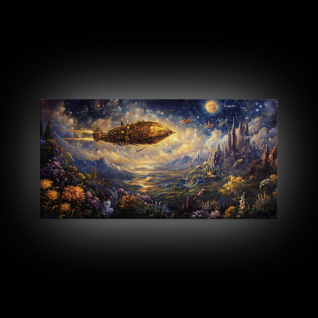 Golden Airship Over Moonlit Castle Valley Framed Canvas Print, Celestial Fantasy Wall Art, Steampunk Landscape Decor For Living Room