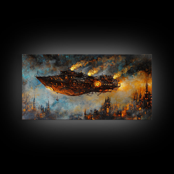 Dark Steampunk Airship Above Industrial City Canvas Print, Sci Fi Fantasy Wall Art, Moody Urban Living Room Decor For Home Office