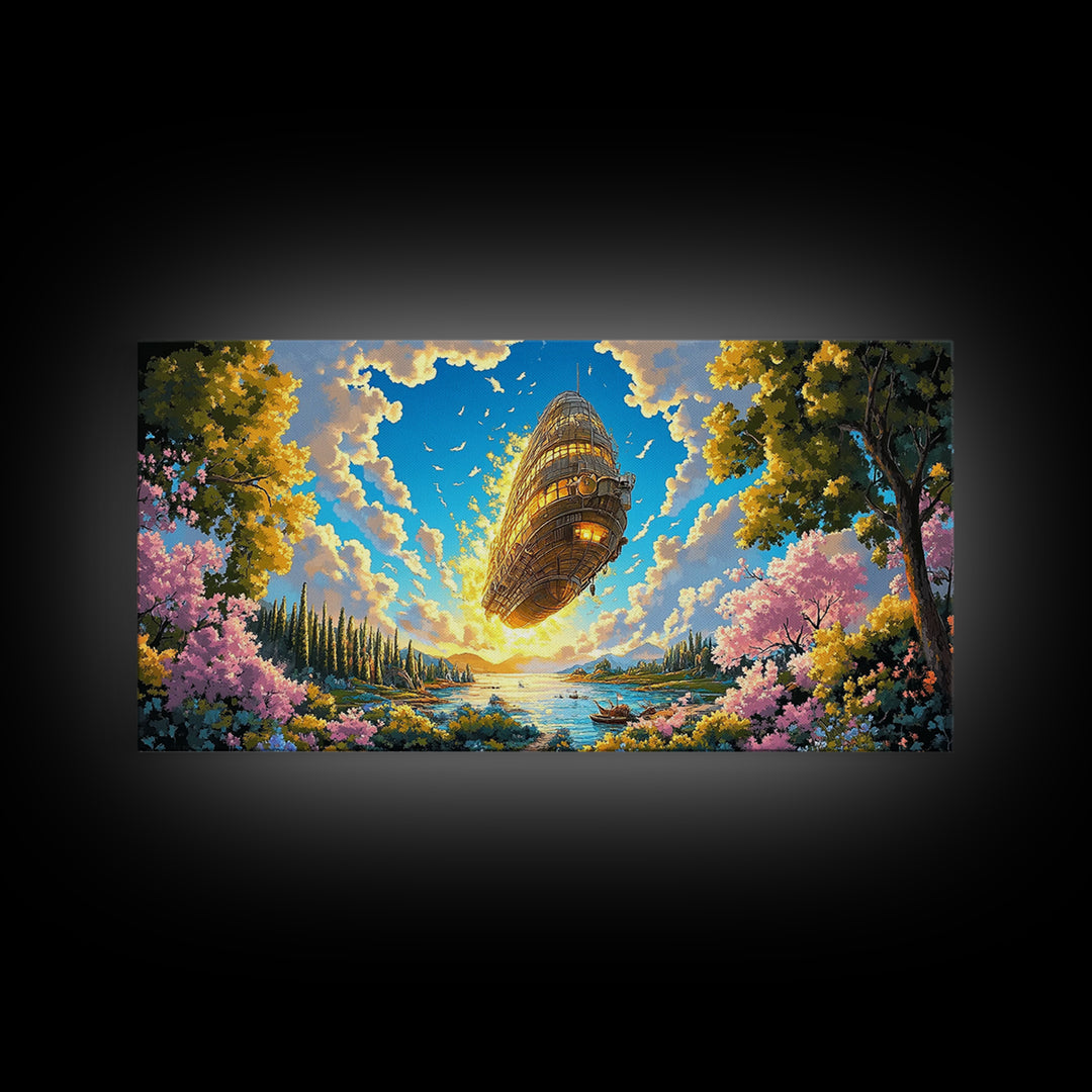 Golden Steampunk Airship Over Blossom Lake Canvas Print, Large Fantasy Landscape Wall Art, Whimsical Coastal Home Decor Gift
