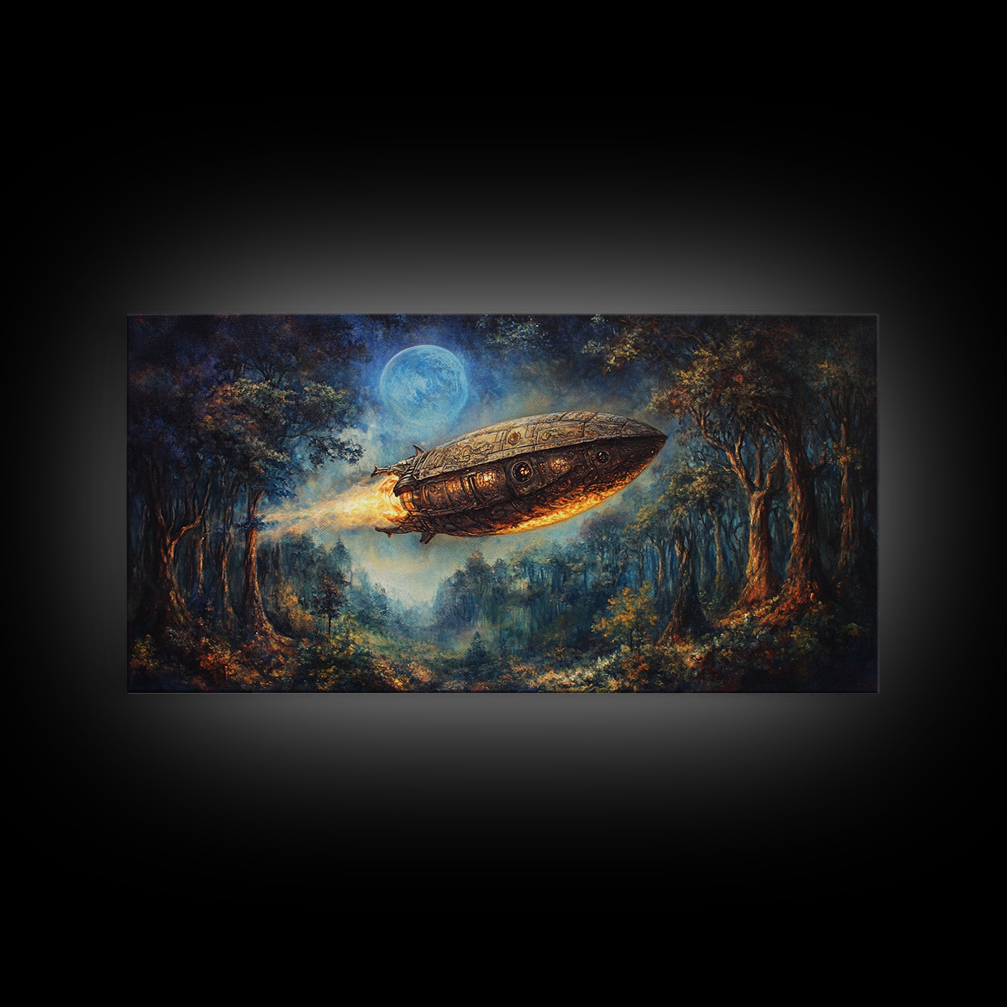 Moonlit Steampunk Airship In Dark Forest Framed Canvas Print, Fantasy Wall Art, Moody Gothic Living Room And Office Decor