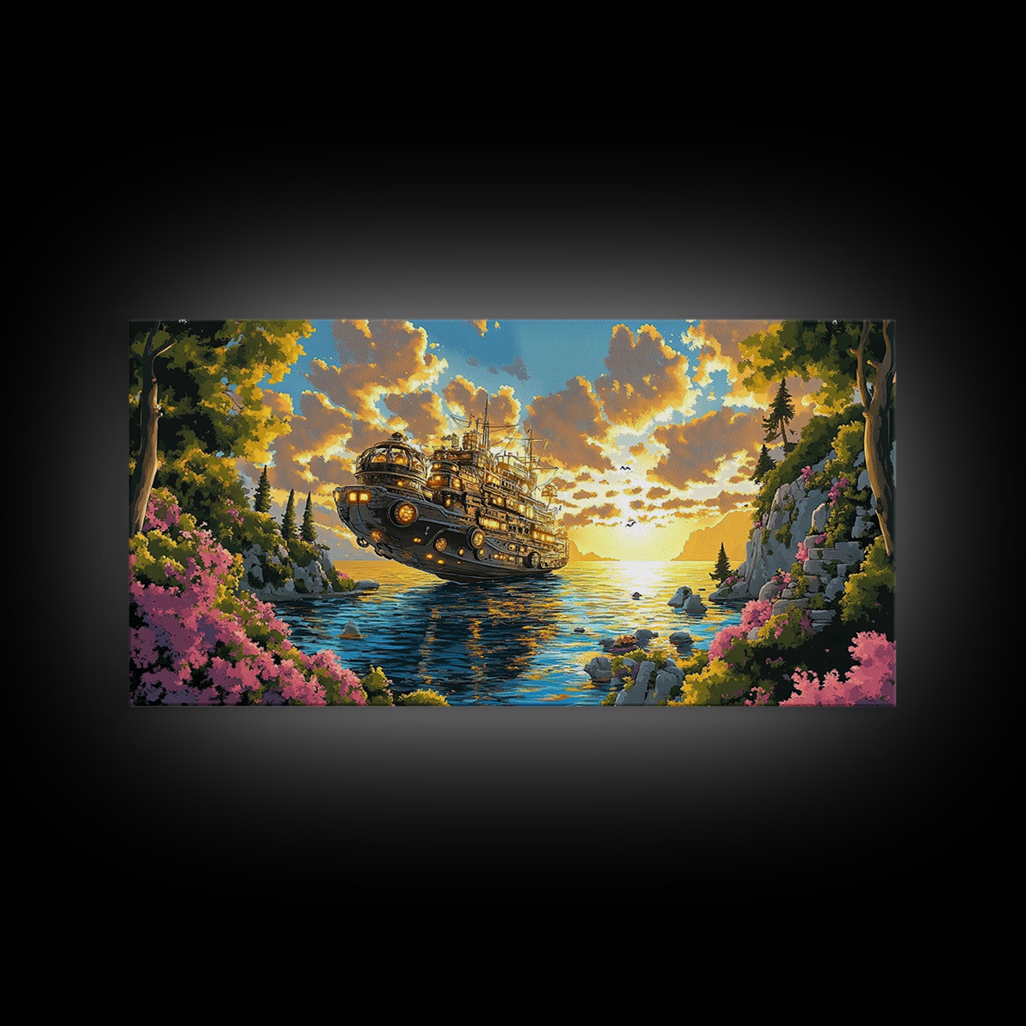 Mechanical Steampunk Ship On Sunlit Mountain Lake Canvas Print, Fantasy Wall Art, Colorful Coastal Living Room Decor Gift