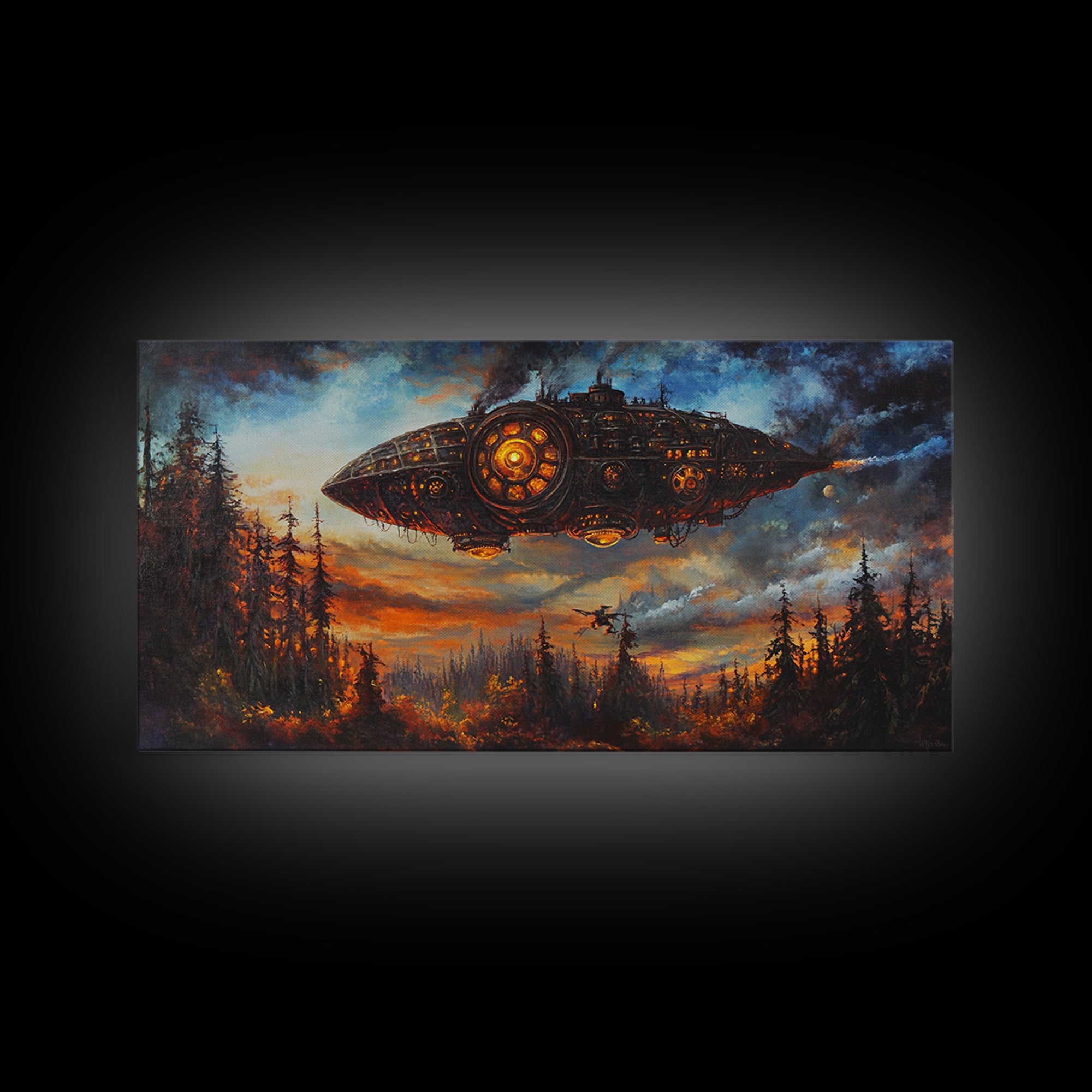 Dark Steampunk Airship Above Pine Forest Sunset Framed Canvas Print, Dystopian Sci Fi Wall Art, Moody Living Room Office Decor