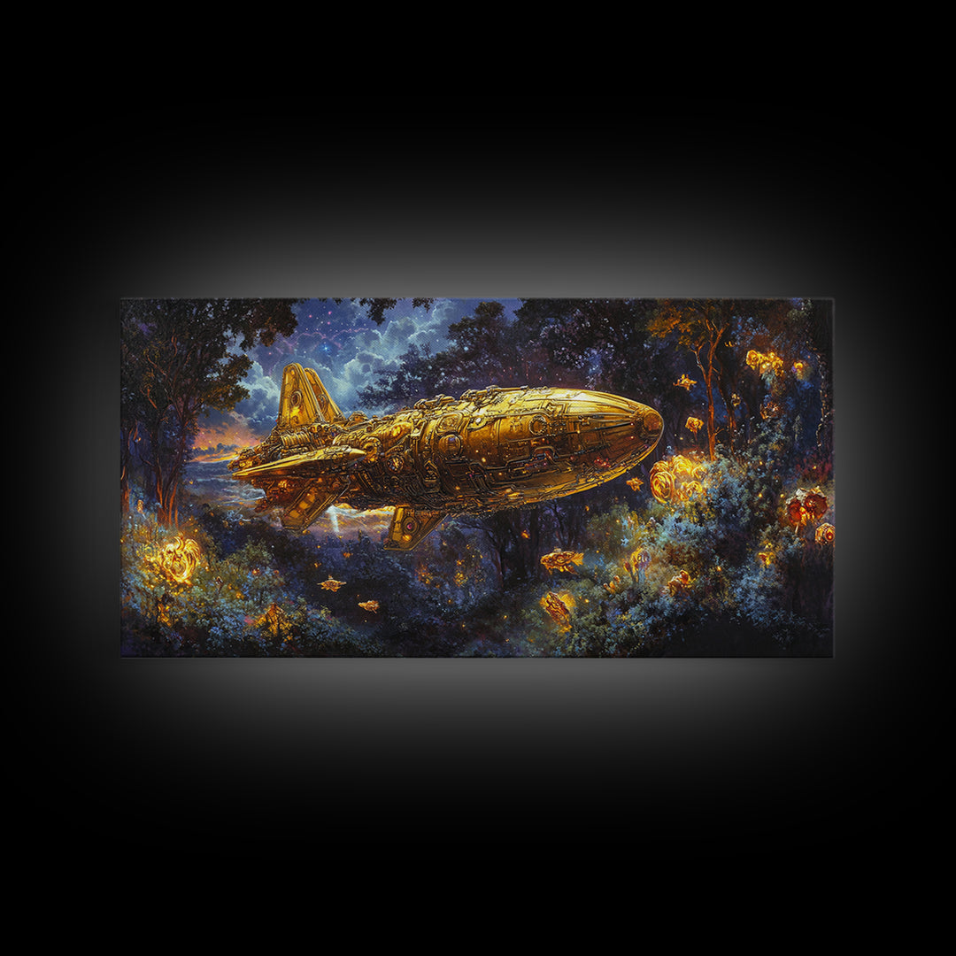 Golden Rocket Airship In Enchanted Night Forest Framed Canvas Print, Fantasy Wall Art, Firefly Woodland Decor For Bedroom