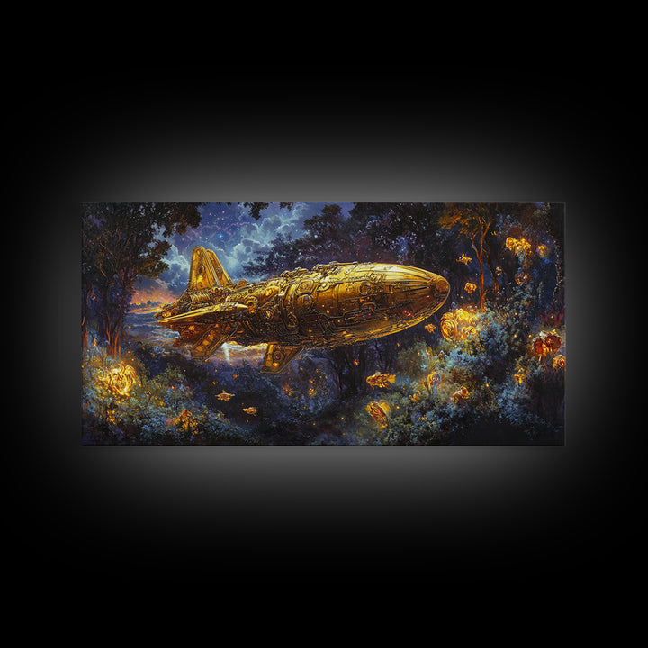 Golden Rocket Airship In Enchanted Night Forest Framed Canvas Print, Fantasy Wall Art, Firefly Woodland Decor For Bedroom