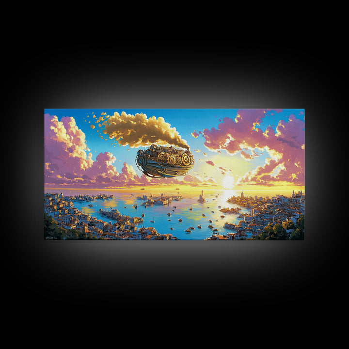 Pastel Steampunk Airship Over Coastal City Sunrise Canvas Print, Fantasy Travel Wall Art, Colorful Mediterranean Home Decor
