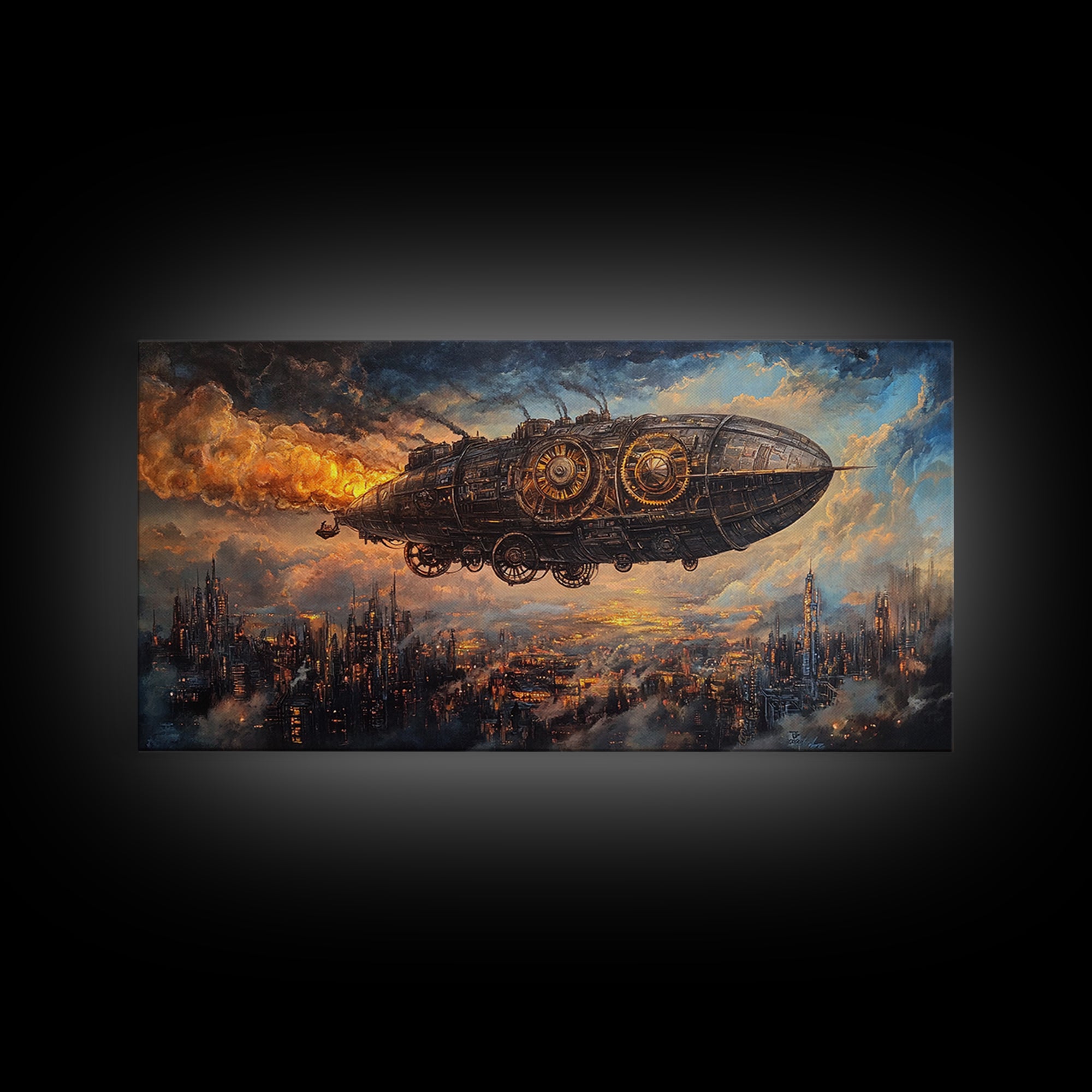 Industrial Steampunk Airship Over Dystopian City Framed Canvas Print, Sci Fi Wall Art, Dark Futuristic Living Room Office Decor