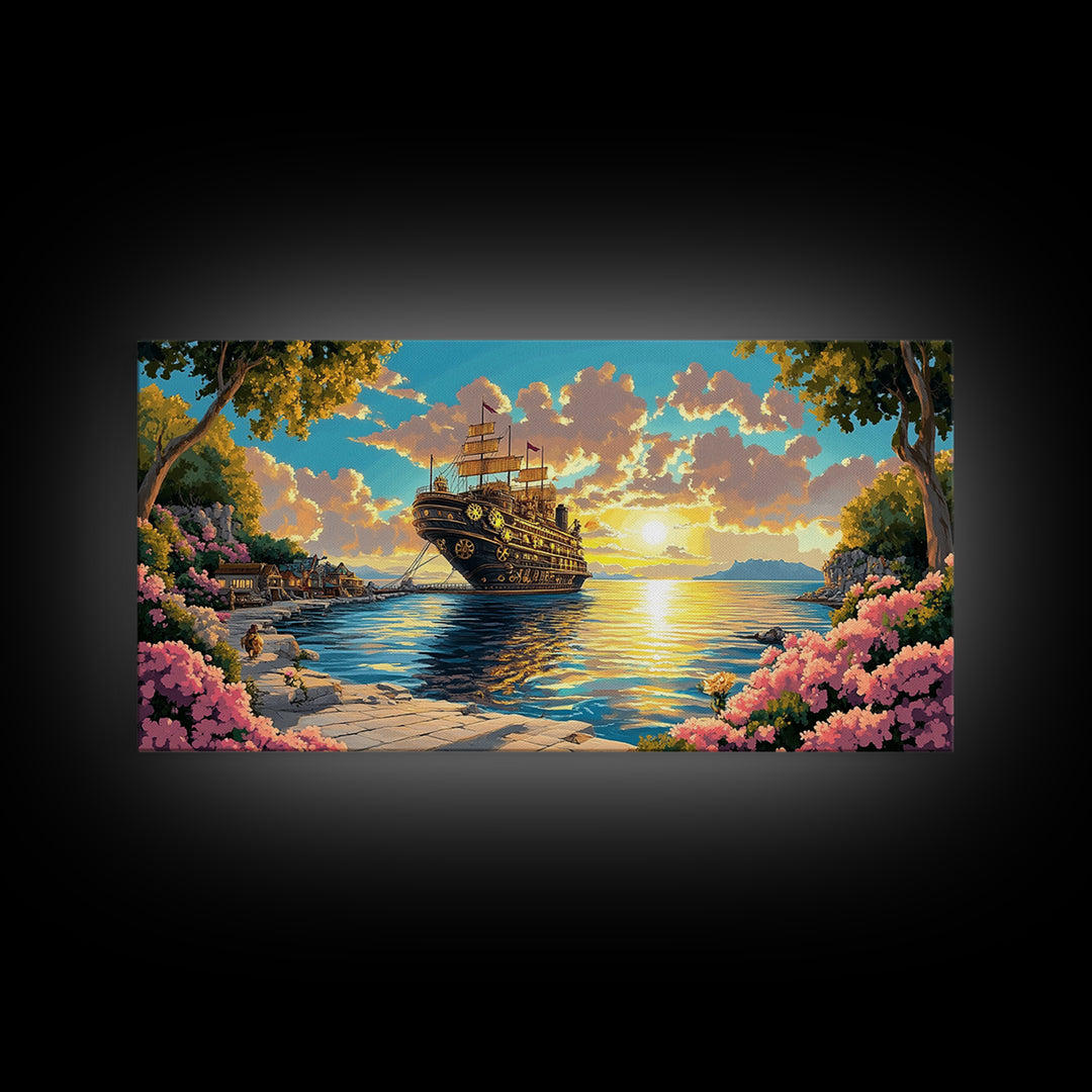Ornate Steampunk Ship Docked In Flower Harbor Canvas Print, Fantasy Coastal Wall Art, Golden Sunset Living Room Decor Gift